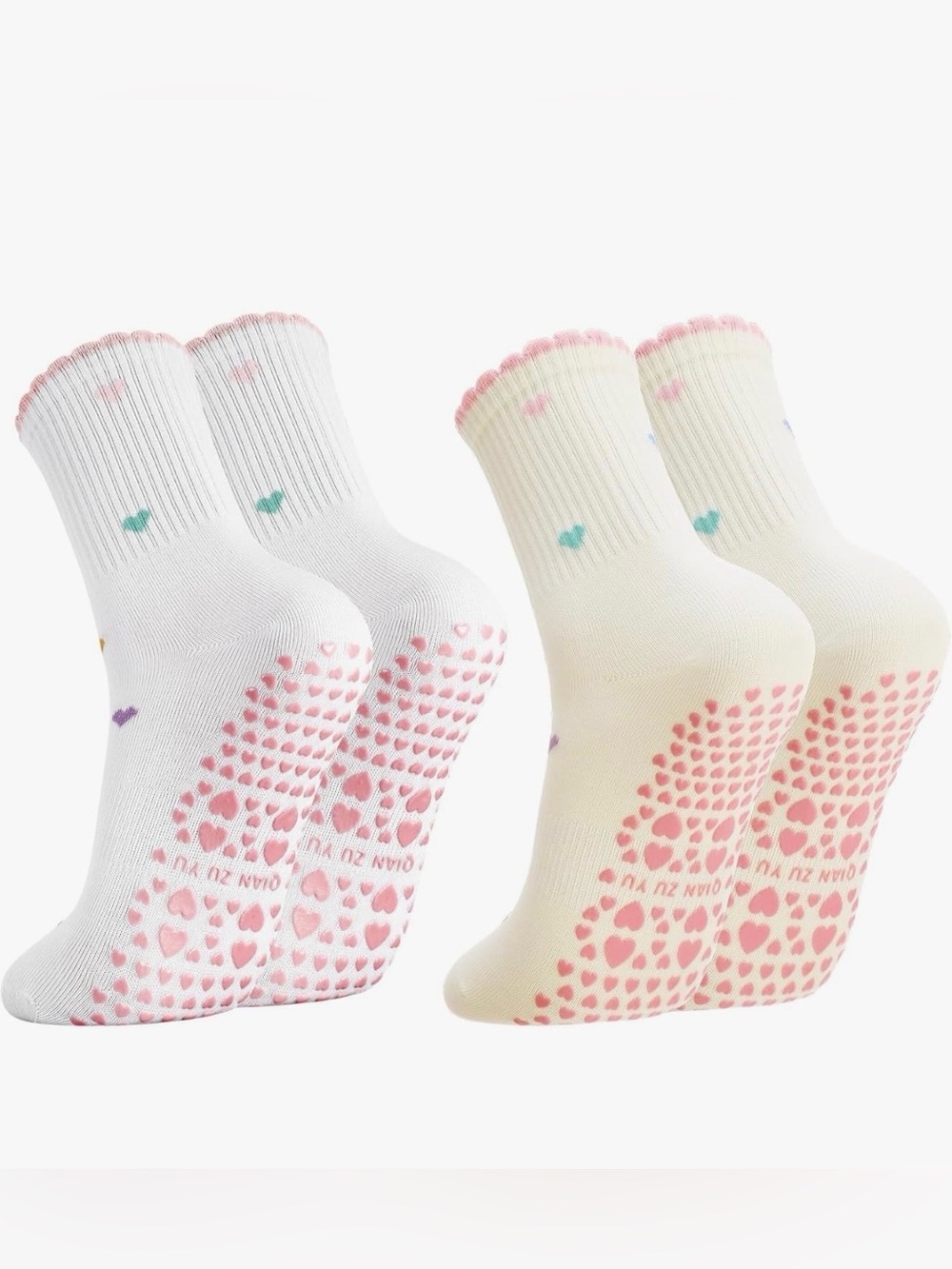 New-Women’s Heart Grip Nonslip Socks-2 pairs-White & Light Yellow-size 5.5-8.5